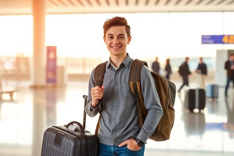 Estudante com mala de viagem em aeroporto